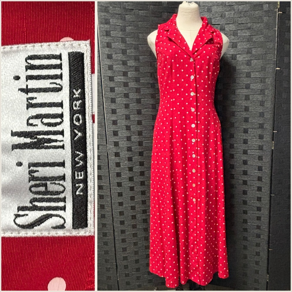Vtg Sheri‎ Martin Sz 8 New York Red White Polka Dot Button Front Maxi Dress